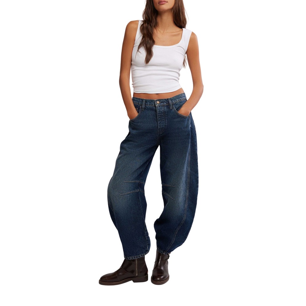 We The Free Free People Good Luck Mid Rise Barrel Jeans Dark Wash 27 OB1927394